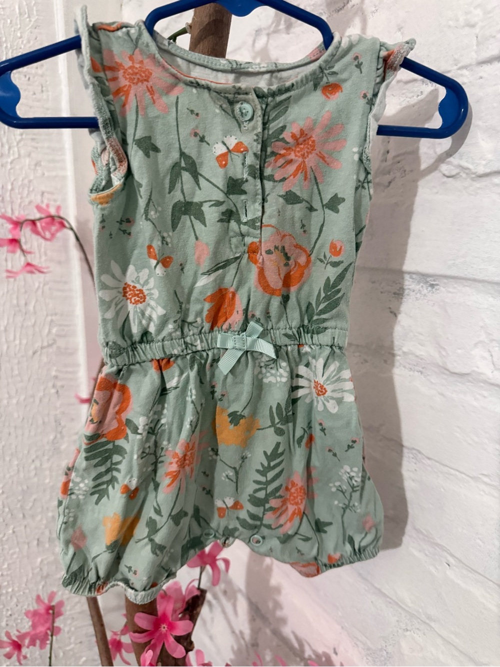 Mint Floral Toddler Romper with Orange & White Flowers
